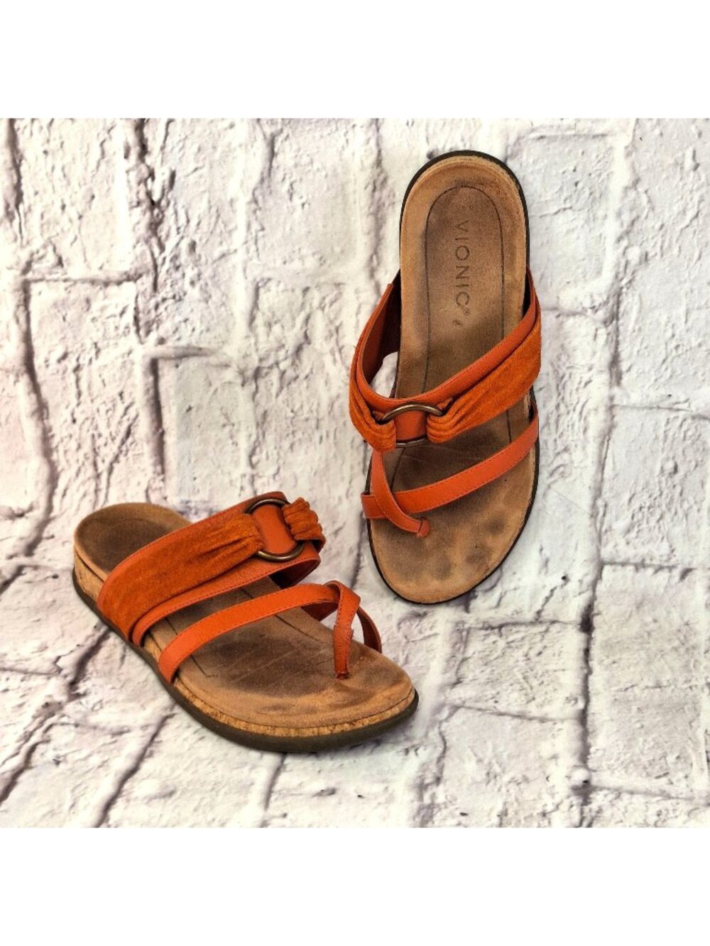 Vionic Womens Sandals Sz 8 Orange Leather Suede Cork Sole Slip-On Slide Casual